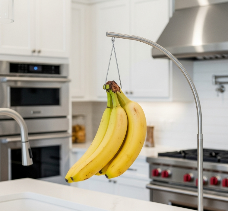 바나나 걸이에 걸어 보관하여 눌림을 방지하는 모습