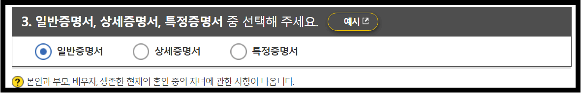 증명서 종류 선택