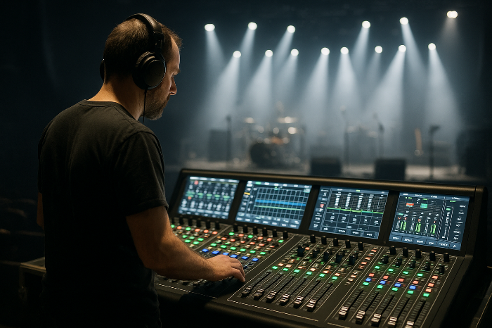 디지털 콘솔을 조정하는 공연 사운드 엔지니어 이미지