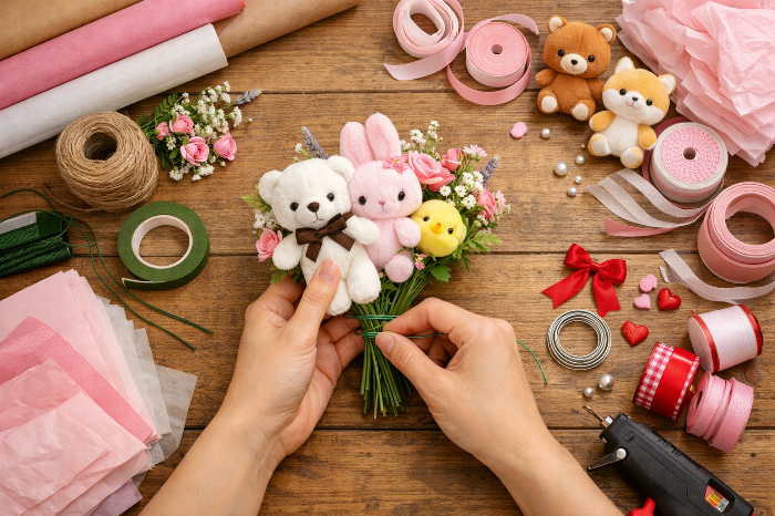 다이소나 온라인몰에서 구매한 재료로 직접 만드는 DIY 인형 꽃다발.