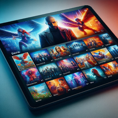 태블릿을 이용해 인기 영화 및 드라마 스트리밍 콘텐츠를 검색하는 모습