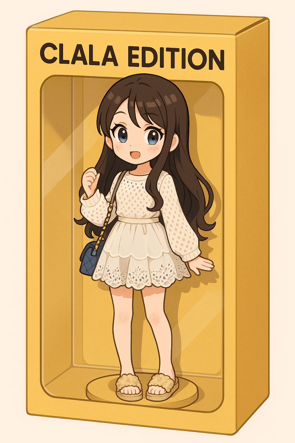 프롬프트 '귀여운 일본 애니메이션 스타일의 피규어를 만들어줘. 피규어 상자는 따뜻한 노란색으로 해줘. 피규어 상자 위에 'CLALA EDITION'라고 써줘.'로 생성된 AI 이미지