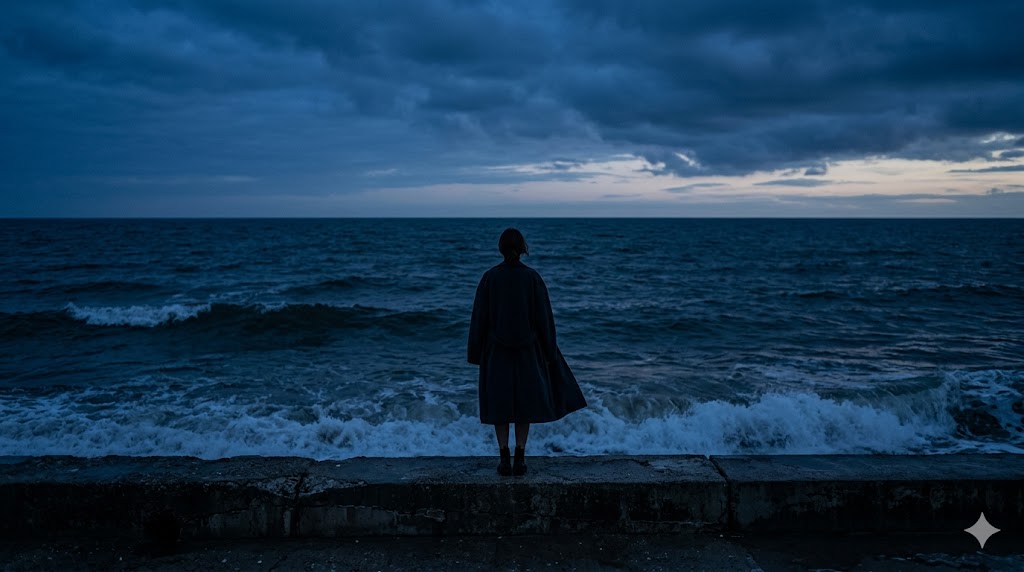 만조를 기다리며 후기 어스름한 저녁 밀물이 밀려와 가득 찬 검푸른 바다를 조용히 응시하며 서 있는 인물의 뒷모습