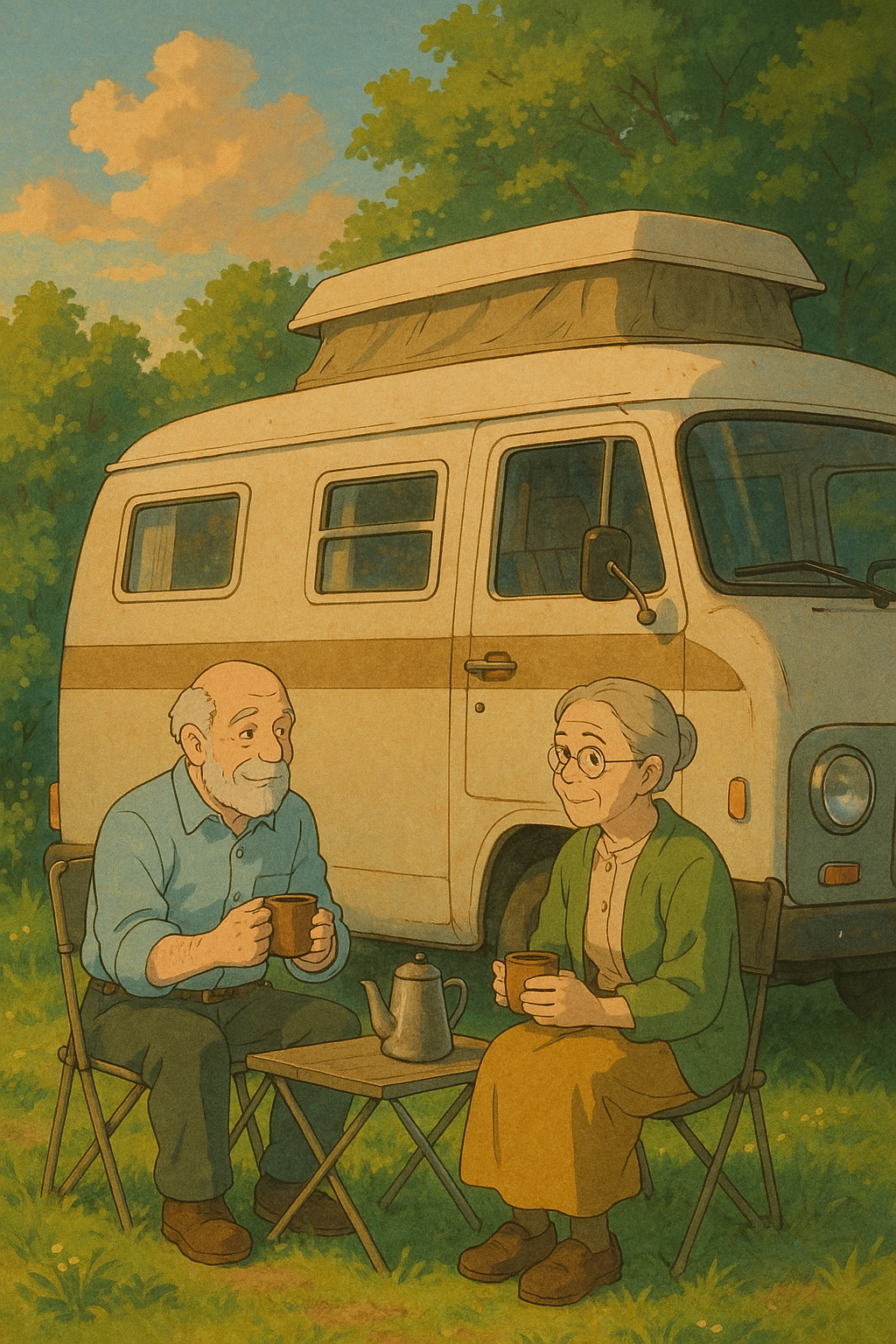 노후 부부가 캠핑카 옆에서 차 마시는 장면, 지브리 분위기