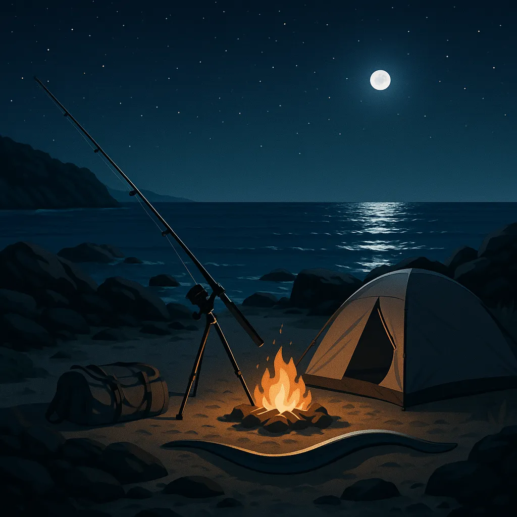 해안가에서 텐트와 낚시대를 세팅한 야간 캠핑 낚시 장면