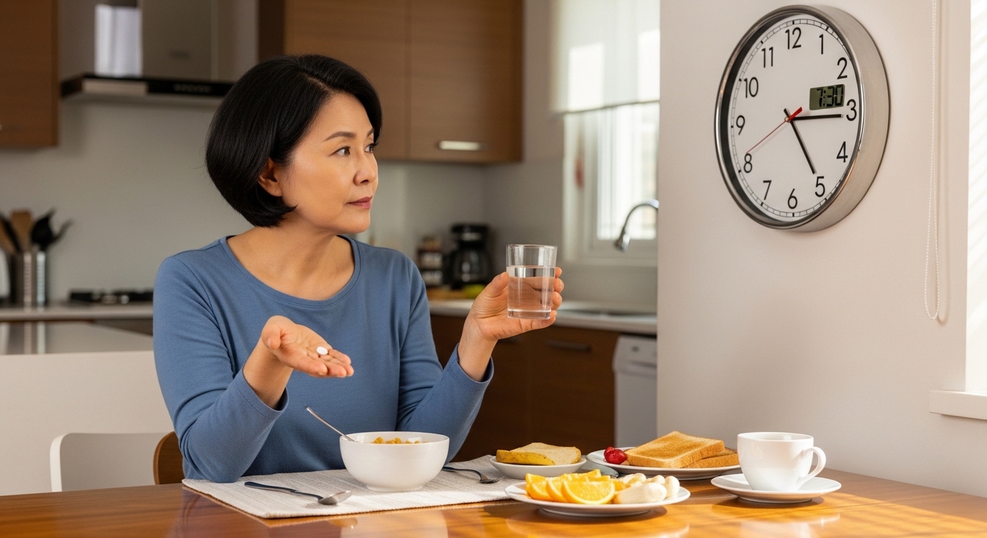 【IMG10 &mdash; 식전 30분 PPI 복용 시기를 설명하는 이미지】