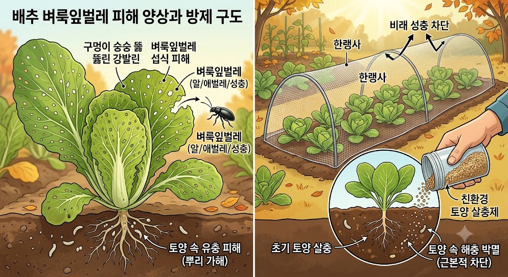배추 잎에 벼룩잎벌레로 인해 촘촘한 바늘구멍이 뚫린 모습과 이를 방어하기 위한 토양 내부, 외부 한랭사의 유기적 차단 구조를 설명하는 기술 해설 삽화
