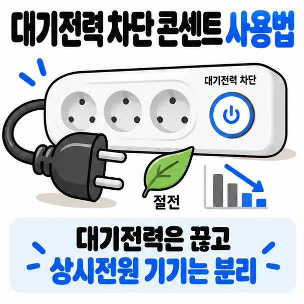 대기전력 차단 콘센트와 전원 플러그 절전 아이콘을 중심으로 대기전력 차단 콘센트 사용법 문구를 보여주는 대표 카드뉴스 이미지