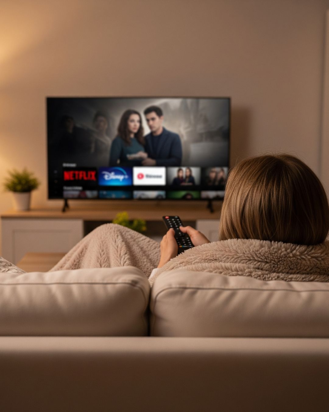 담요를 덮고 소파에 앉아 넷플릭스, 디즈니플러스 등의 OTT 드라마를 고르고 있는 중년 여성의 뒷모습