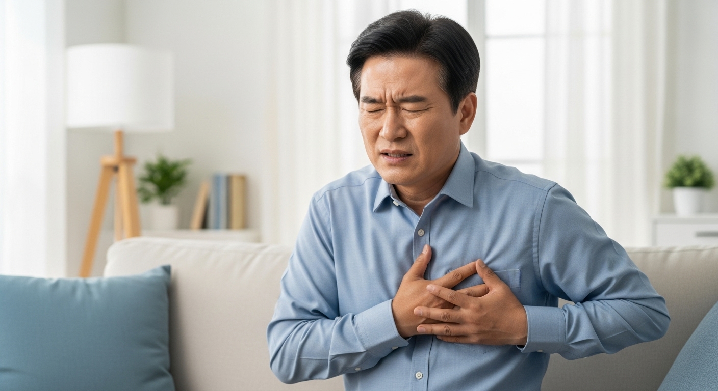가슴 통증을 느끼며 심근경색 전조증상을 겪는 한국 중년 남성