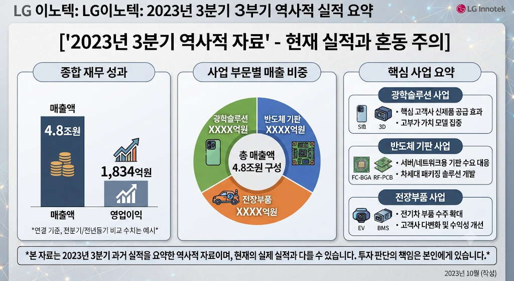 2023년 3분기 LG이노텍 실적 및 부문별 성과를 나타내는 이미지