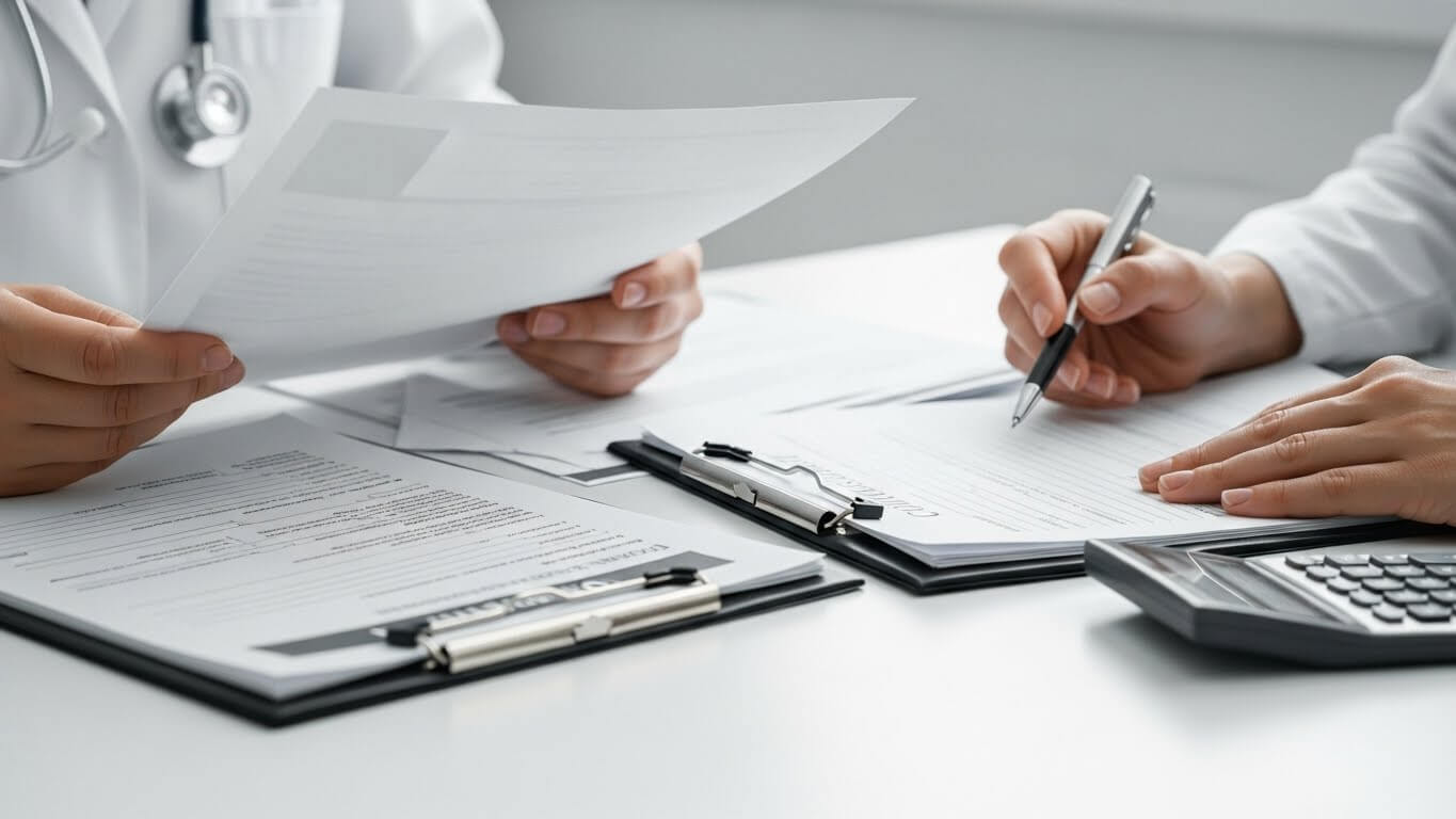 의료 상담 책상 위에서 서류와 체크리스트를 확인하는 장면