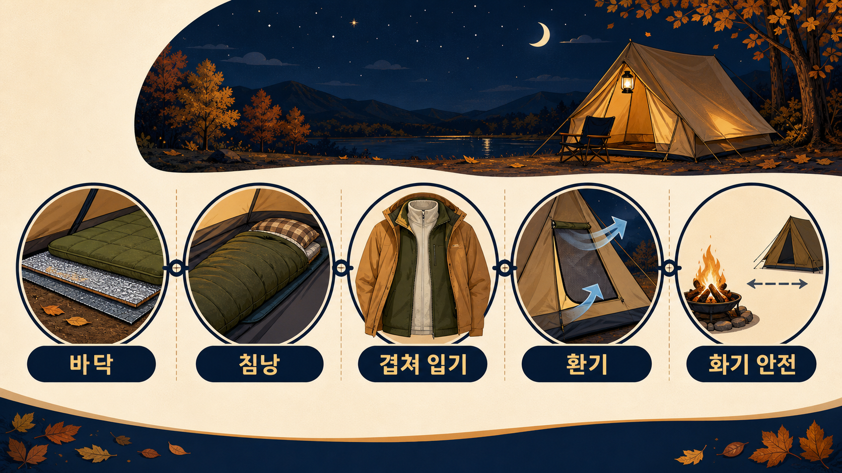 바닥 단열 침낭 겹쳐 입기 환기 화기 안전을 설명한 그림
