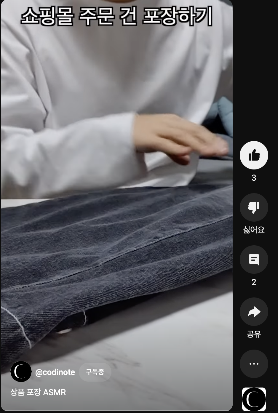 실제 유튜브 쇼츠의 제목이 어떻게 표시되는 지 보여주기 위해 스크린샷을 찍어왔다.
하단에 작게 제목이 적혀 있는 모습이다.