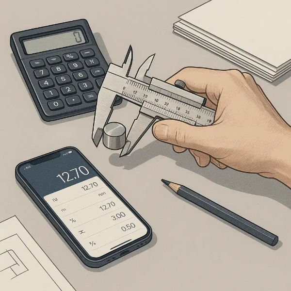 옆에는 스마트폰에 측정값이 표시되고, 계산기와 연필, 설계 도면이 놓인 전문가의 정밀 작업 환경을 묘사한 일러스트