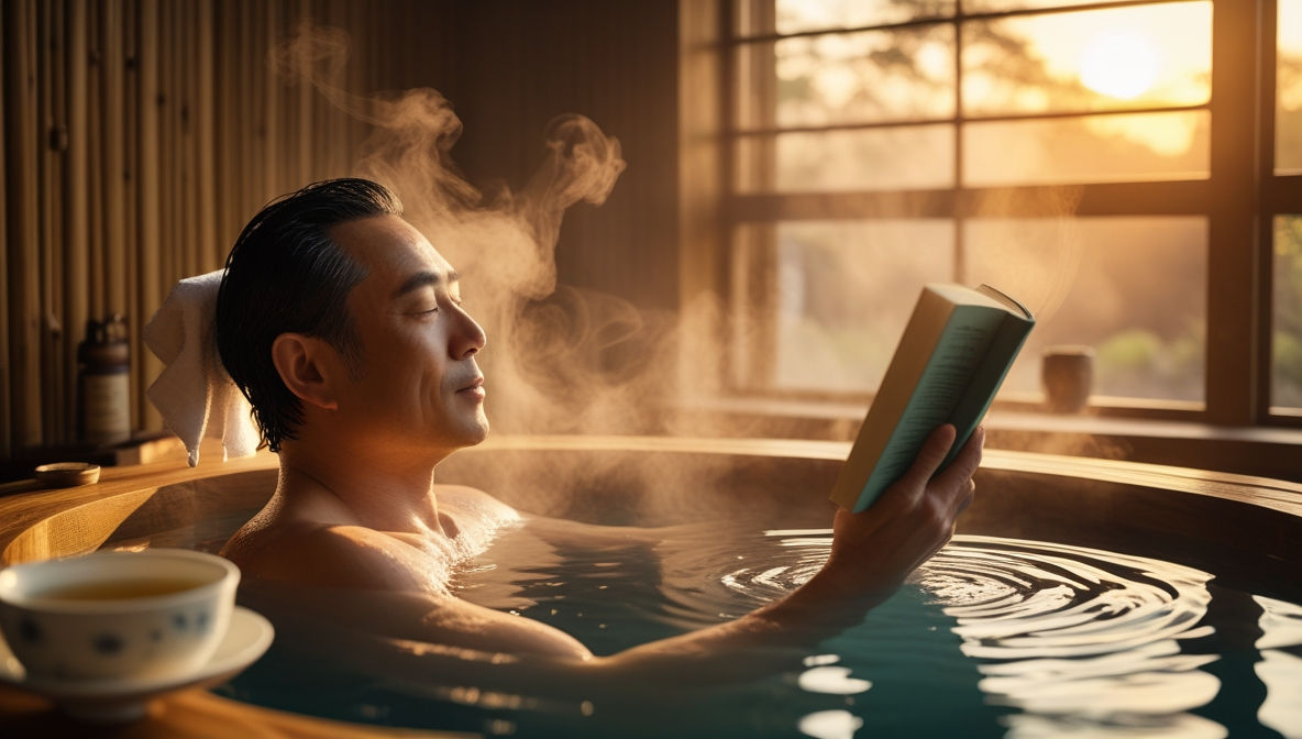 반신욕 중 읽는 책 등 편안하고 건강한 이미지를 전달하는 사진