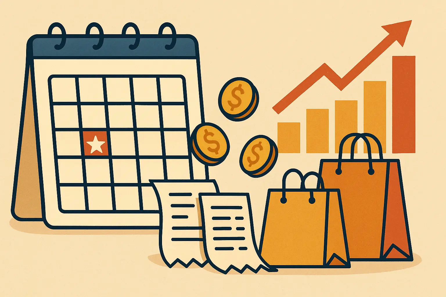 달력에-연휴가-표시된-칸과-상승하는-그래프-영수증과-쇼핑백이-함께-배치되어-연휴-지출-증가를-직관적으로-보여주는-인포그래픽