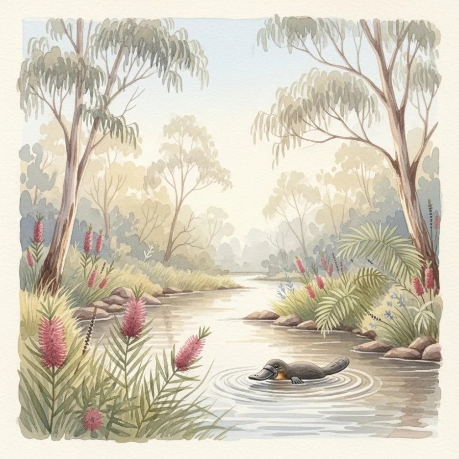 호주 강가에서 헤엄치는 오리너구리