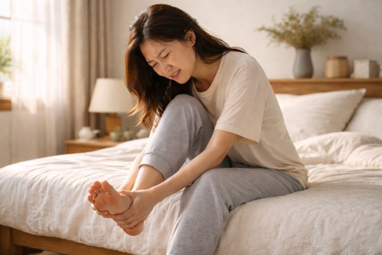 아침에 침대에서 일어나 발뒤꿈치 통증을 느끼는 여성 모습 (족저근막염 증상)