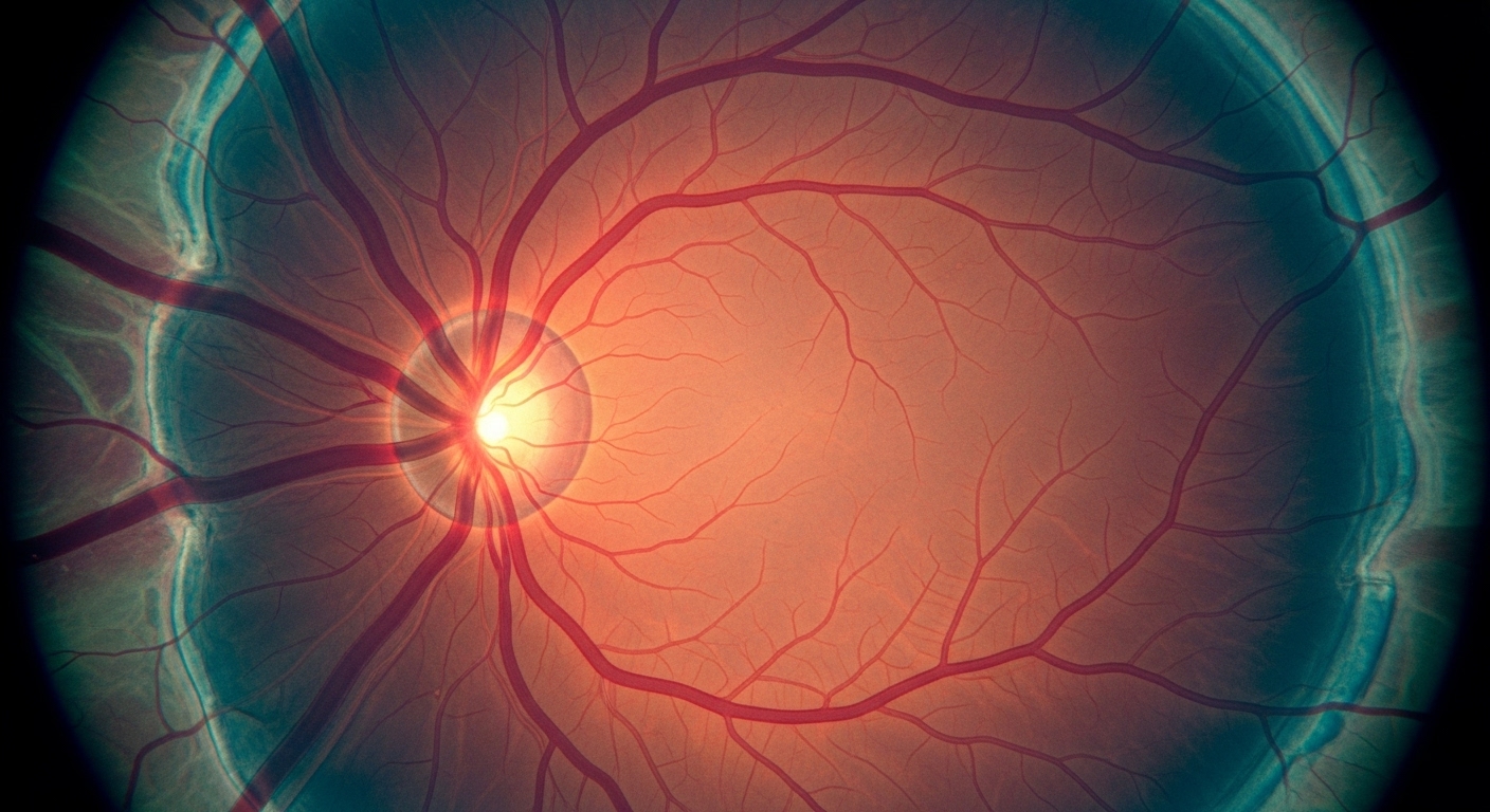 눈의 안저를 고해상도로 촬영하여 혈관과 신경의 건강 상태를 보여주는 이미지.