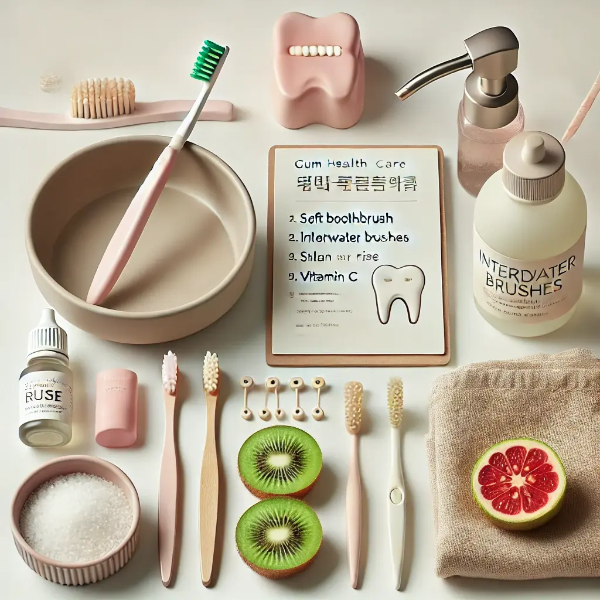 하얀 배경 위에 정리된 부드러운 칫솔, 치간칫솔, 소금물병, '잇몸 염증 완화 루틴' 메모카드, 비타민C 식품(키위, 홍고추)의 전문 스튜디오 촬영 사진