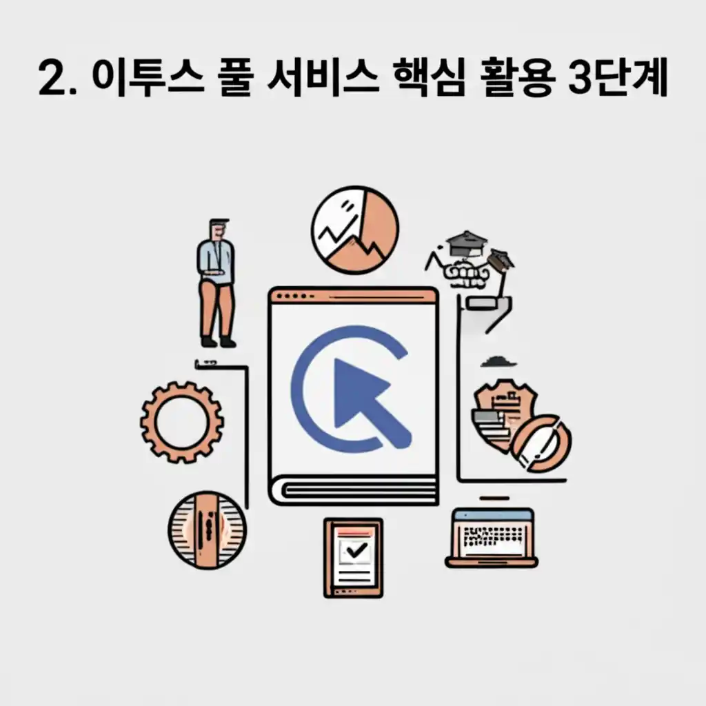 이투스 풀 서비스 핵심 활용 3단계: 성적 분석, 지원 전략, 합격 예측 과정을 시각화한 이미지.