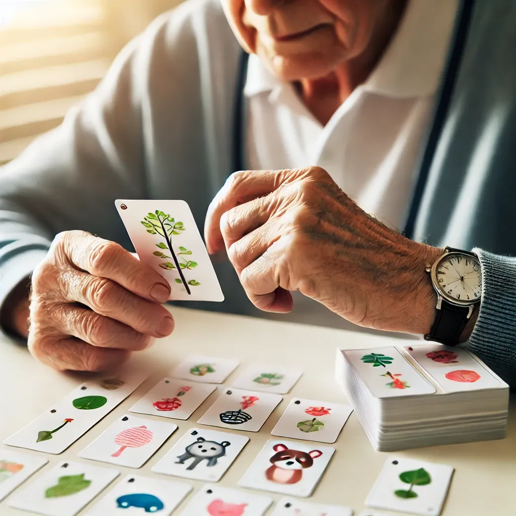 치매 예방을 위한 기억력 카드 게임을 하는 노인, 집중하며 카드를 맞추는 모습.