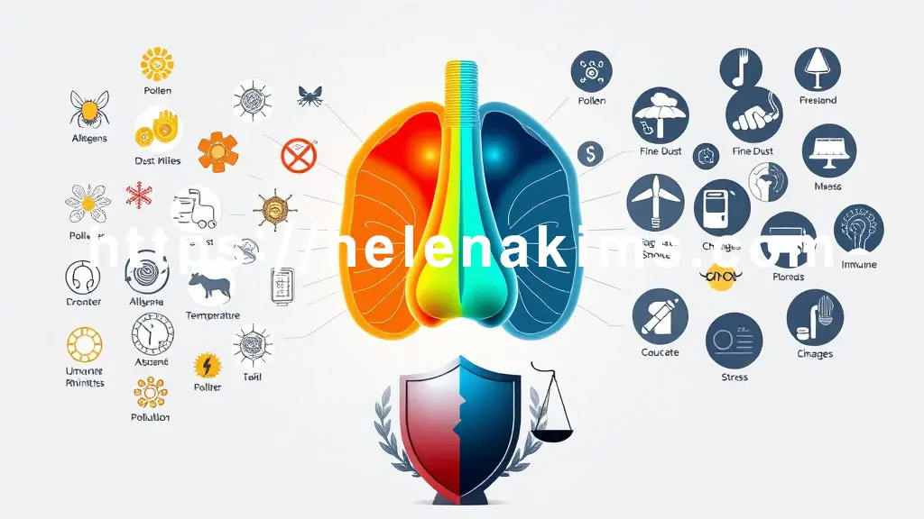 왼쪽: 꽃가루, 집먼지진드기, 반려동물 털 등 알레르기 유발 물질 아이콘이 밝게 빛난다. 오른쪽: 미세먼지, 담배 연기, 온도 변화, 스트레스를 상징한 그래픽 이미지.