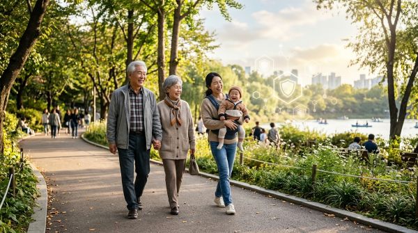 국가 예방접종 안내이미지 - 아기부터 노인까지 전 세대를 아우르는 가족들이 밝게 웃으며 건강한 일상을 보내는 모습
