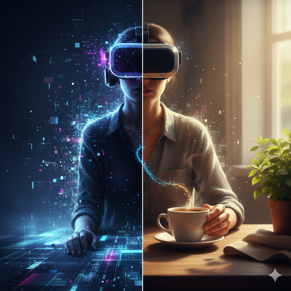 디지털 피로감 속 픽셀 라이프에 몰두하면서도, 동시에 따뜻한 커피나 자연 등 현실의 '진짜' 가치를 갈망하는 현대인의 역설적 심리를 표현한 이미지.