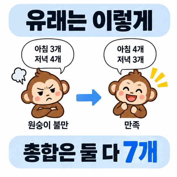 아침 3개 저녁 4개에서 아침 4개 저녁 3개로 바뀌지만 총합은 7개로 같은 유래를 보여주는 이미지