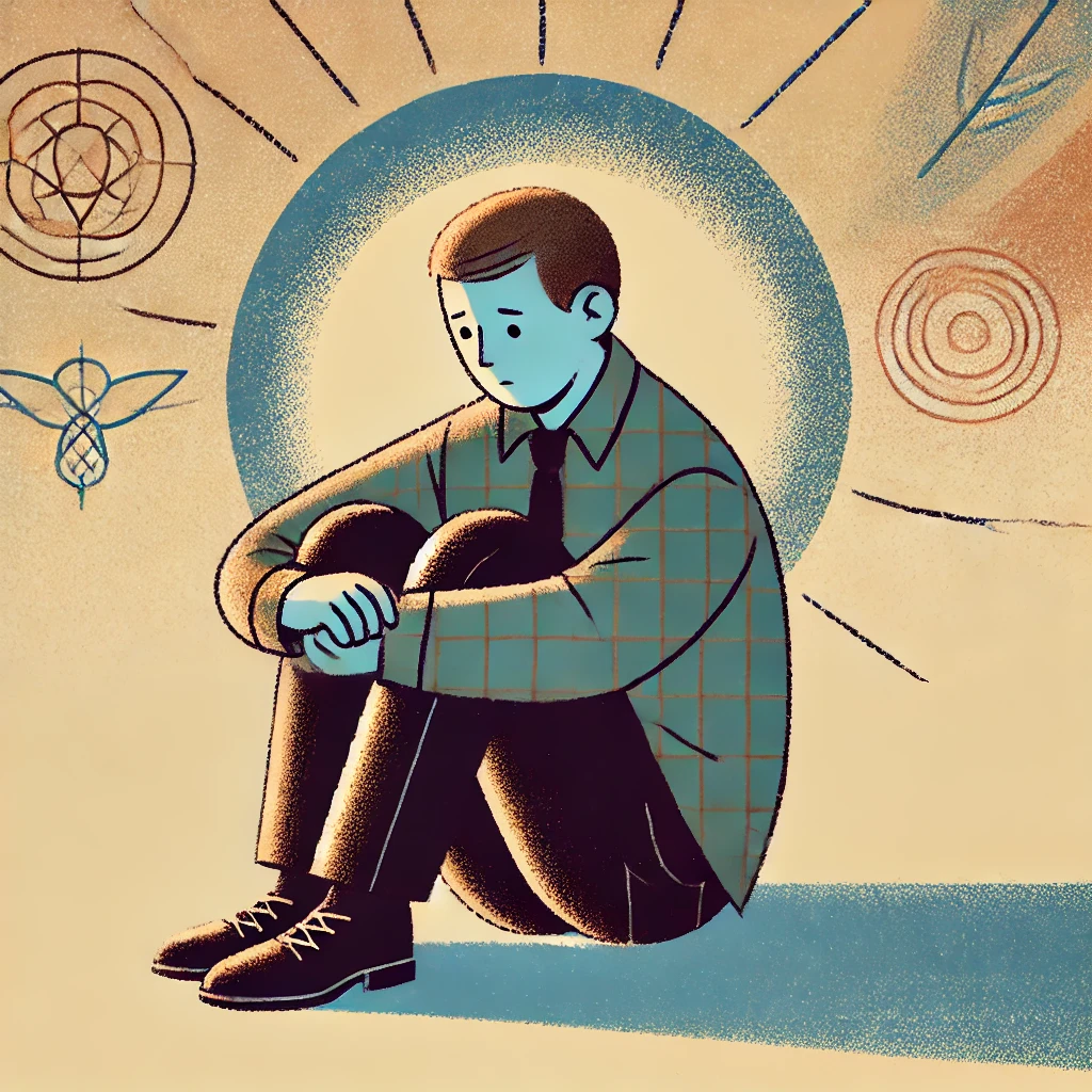 한 남자가 혼자 쓸쓸히 앉아 있는 모습의 일러스트