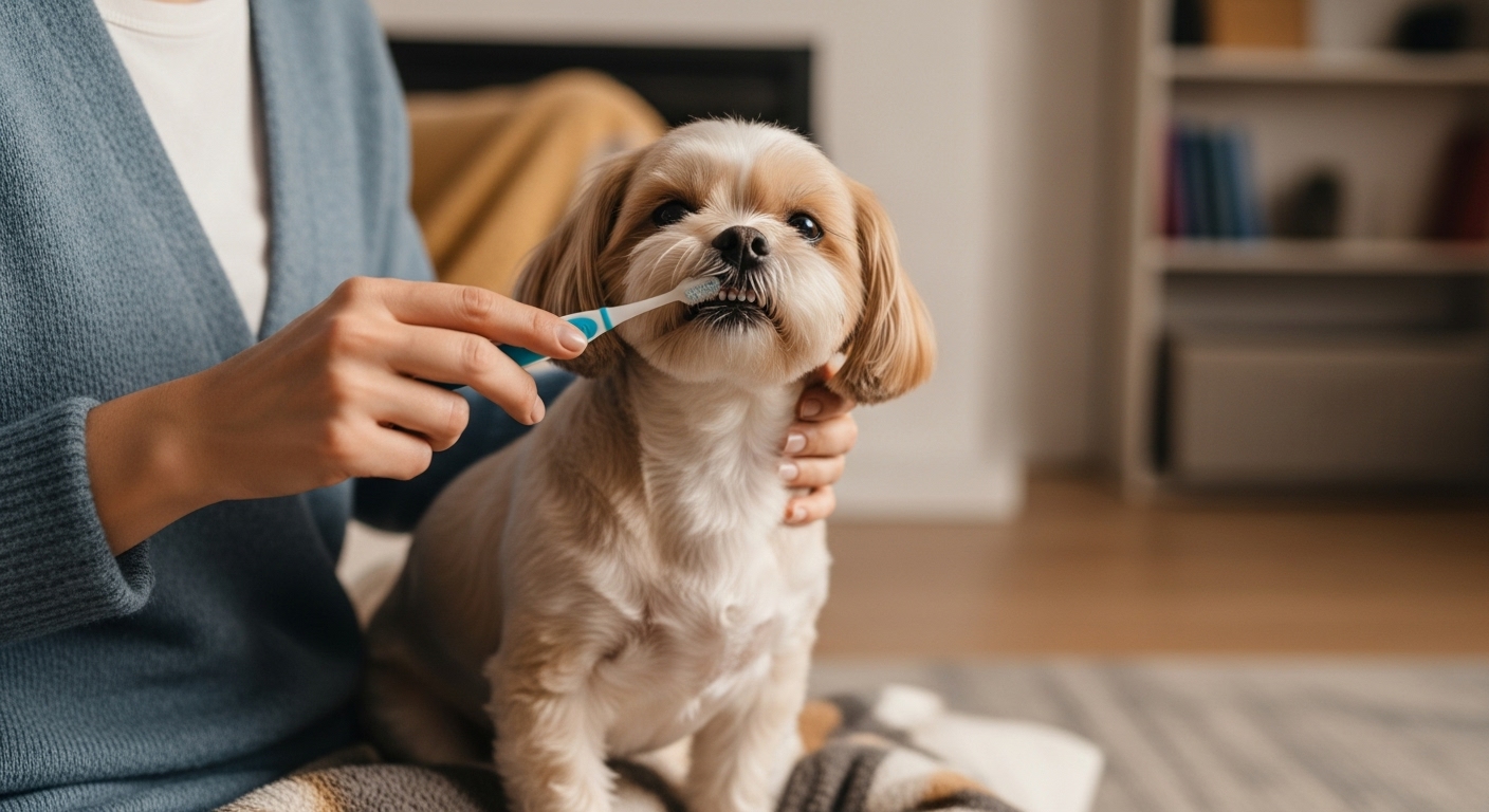 보호자가 거실에서 강아지의 이빨을 부드럽게 닦아주며 교감하는 모습