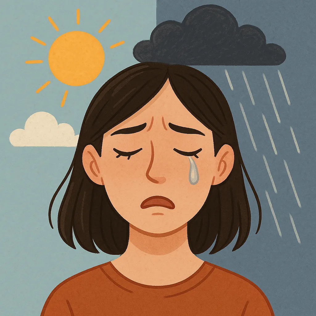 한쪽은-햇빛이-비추고-다른-한쪽은-비가-내리는-날씨-속에서-눈물을-흘리는-여성-일러스트