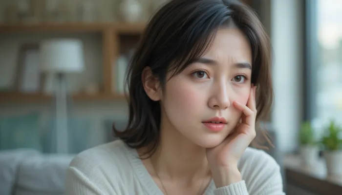 스트레스로 지친 표정의 중년 한국 여성의 얼굴 클로즈업