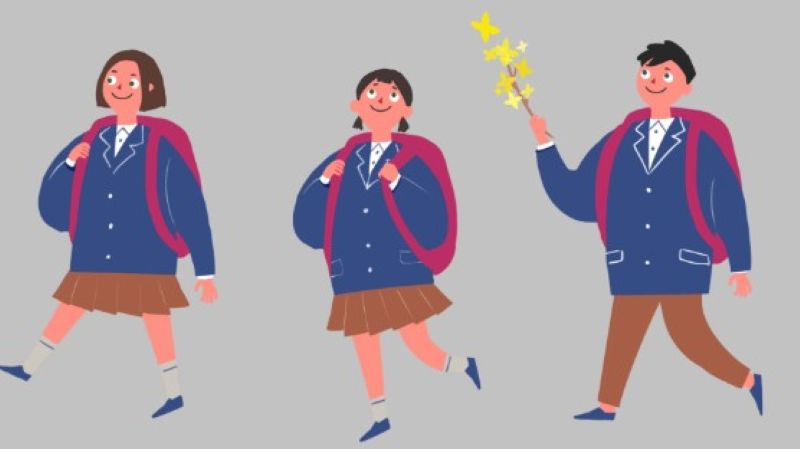 교복을 입고 밝게 웃으며 등교하는 중고등학생 청소년들. 디딤씨앗통장을 통해 성장하는 아동과 청소년의 미래를 상징적으로 표현.