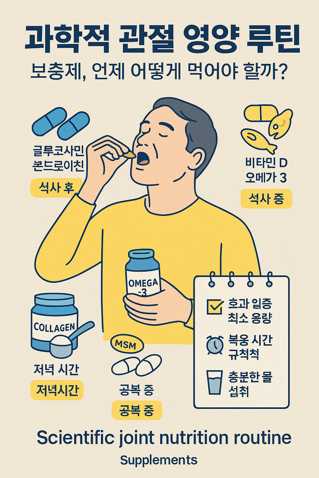 관절 건강을 위한 영양제 섭취 루틴을 설명하는 인포그래픽 스타일의 일러스트로, 글루코사민, MSM, 콜라겐, 오메가3 등의 영양제가 식사 시간대별로 배열된 구성