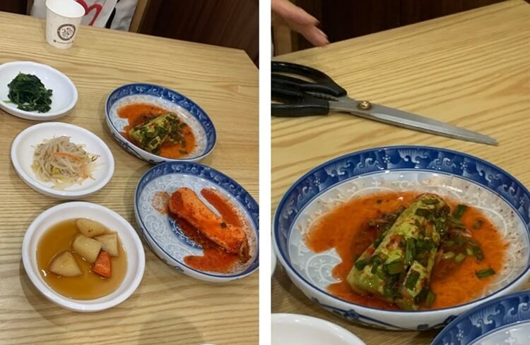 오이소박이, 무 김치와 가위, 감자조림, 숙주, 시금치 반찬