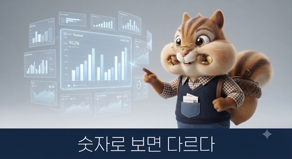 다람쥐 캐릭터가 막대그래프 화면을 가리키며 데이터를 설명하는 모습, "숫자로 보면 다르다" 문구 포함