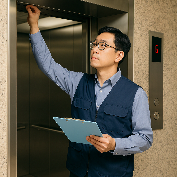 관리사무소 직원이 점검표를 들고 승강기를 확인하는 장면
