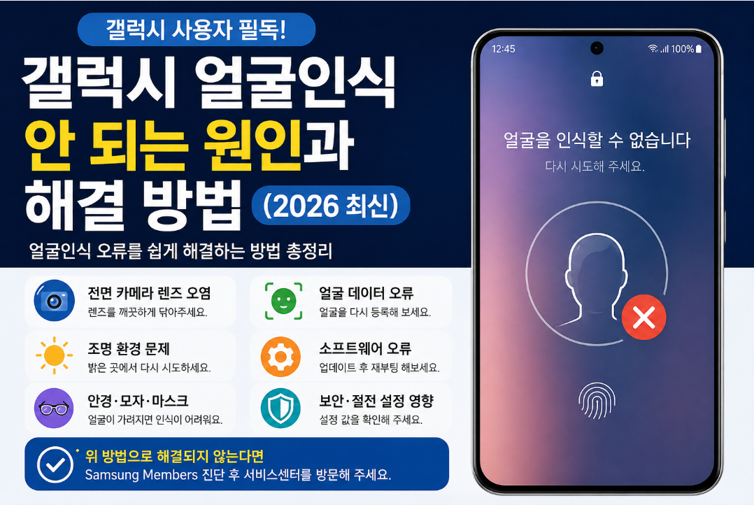 갤럭시 얼굴인식이 안 되거나 얼굴 등록이 실패하나요? 전면 카메라, 얼굴 데이터, One UI 업데이트 등 주요 원인과 해결 방법을 최신 기준으로 자세히 알려드립니다.