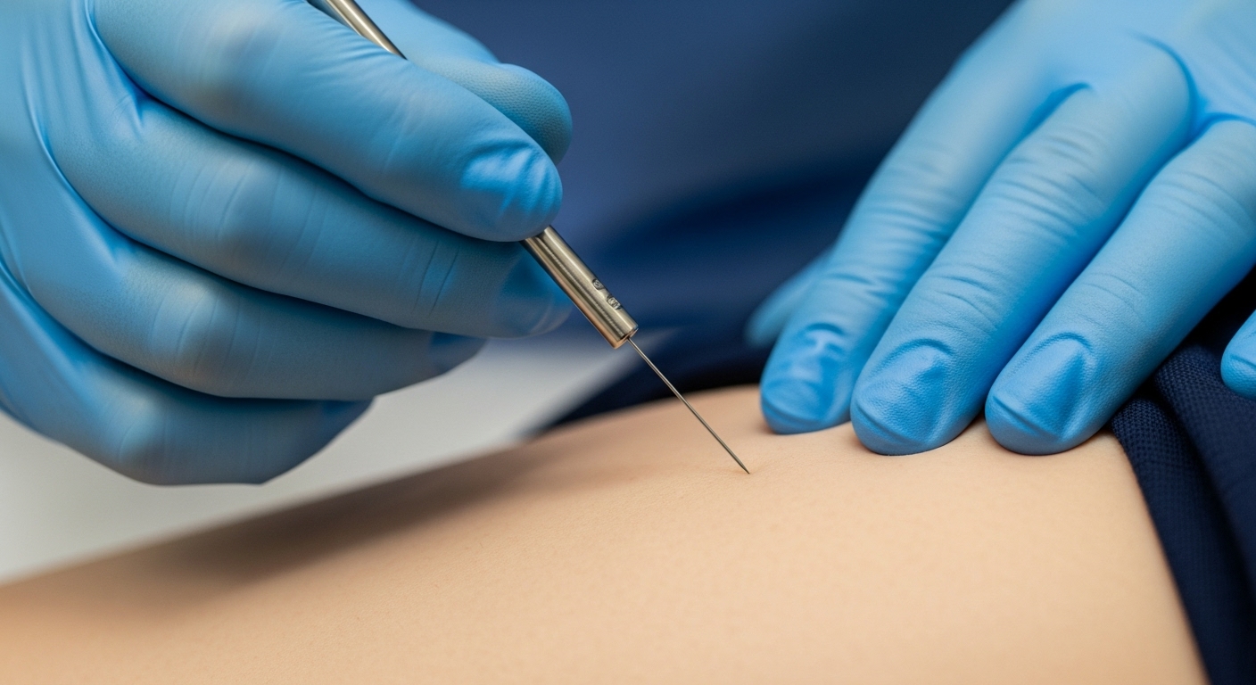 의사가 허벅지 근육에 가는 침 전극을 삽입하는 침근전도 검사 장면 이미지