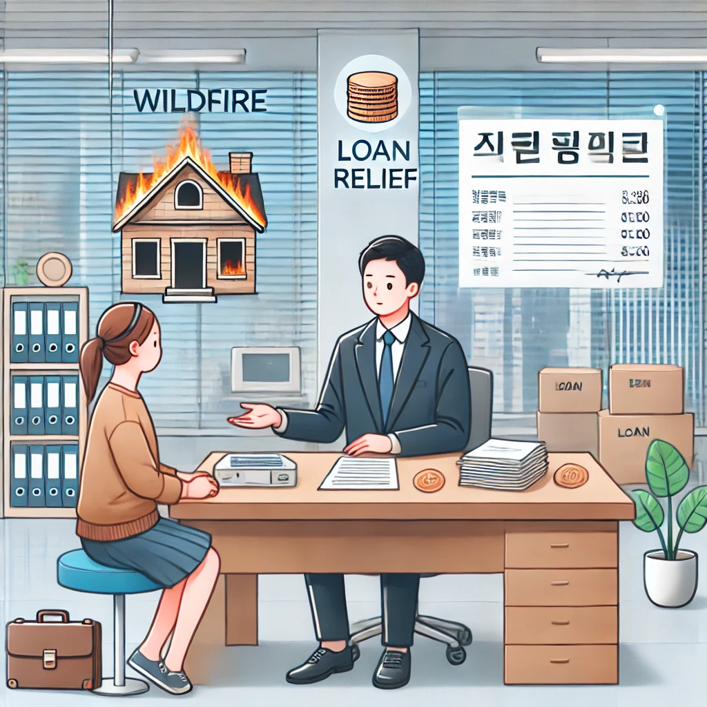 은행 창구에서 산불 피해자가 대출 상담을 받는 장면 