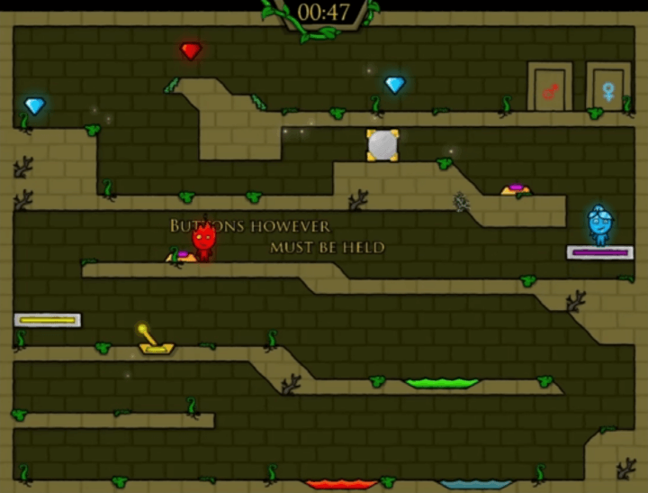 2인용-물불게임-포레스트템플-플레이-보라색-버튼을-눌러-장치를-작동시키는-화면