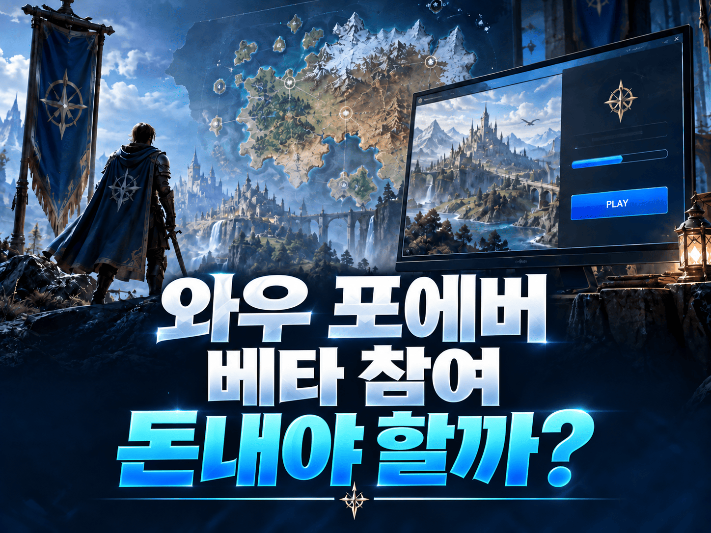 와우 포에버 베타 참여 기간과 Battle.net 설치를 안내하는 파란색 게임 화면 이미지