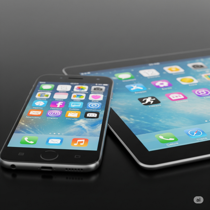 다양한 앱 아이콘이 표시된 스마트폰과 태블릿