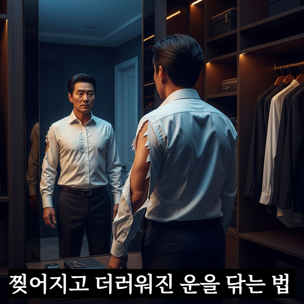 고급스러운 드레스룸 거울 앞에서 찢어진 흰 셔츠 소매를 보며 당혹감과 불안함을 느끼는 현대적인 한국인 중년 남성의 일러스트