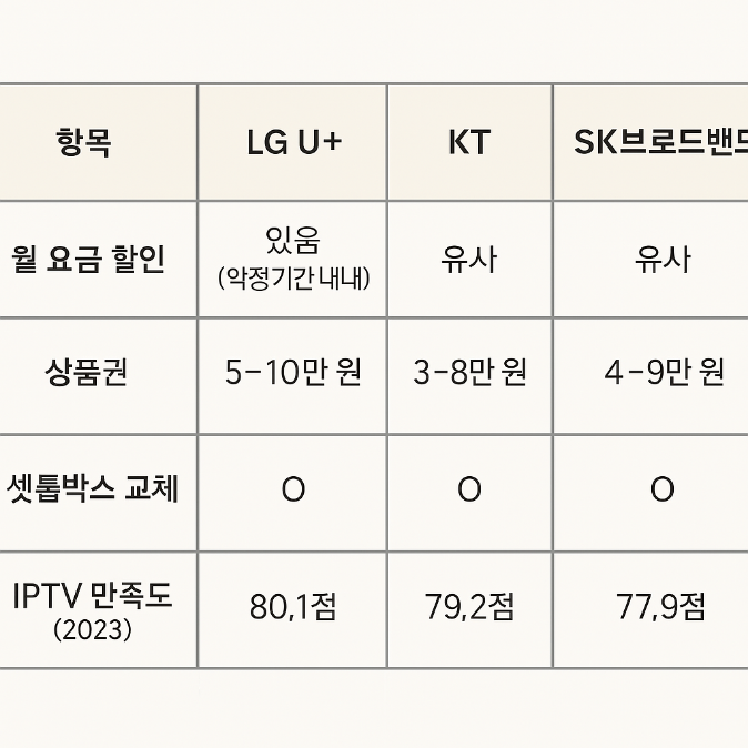 LG유플러스, KT, SK브로드밴드의 IPTV 재약정 조건을 비교한 표로, 요금 할인, 상품권 지급, 셋톱박스 교체 여부, 2023년 IPTV 만족도를 항목별로 나열한 인포그래픽 이미지