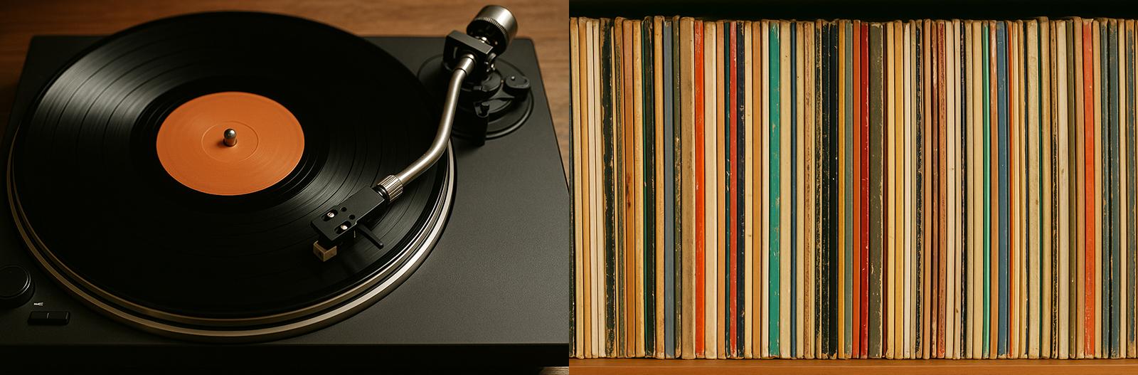 왼쪽사진은 돌아가는 턴테이블 위에 톤암이 올러져 있고 마치 음악이 흘러나오는 듯한 느낌이 듭니다. 오른쪽 사진에는 많은 LP판들이 꽂혀 있는 레코드판 보관대 사진입니다.