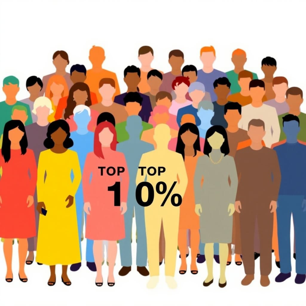 여러 사람이 모여 있는 모습에서 일부(소득 상위 10%를 상징)가 투명하거나 흐릿하게 처리되어 그룹에서 분리되는 모습을 그립니다. 나머지 사람들은 명확하게 강조되어 지원 대상임을 나타냅니다. 제외되는 그룹은 부정적인 느낌이 들지 않도록 중립적으로 표현합니다.